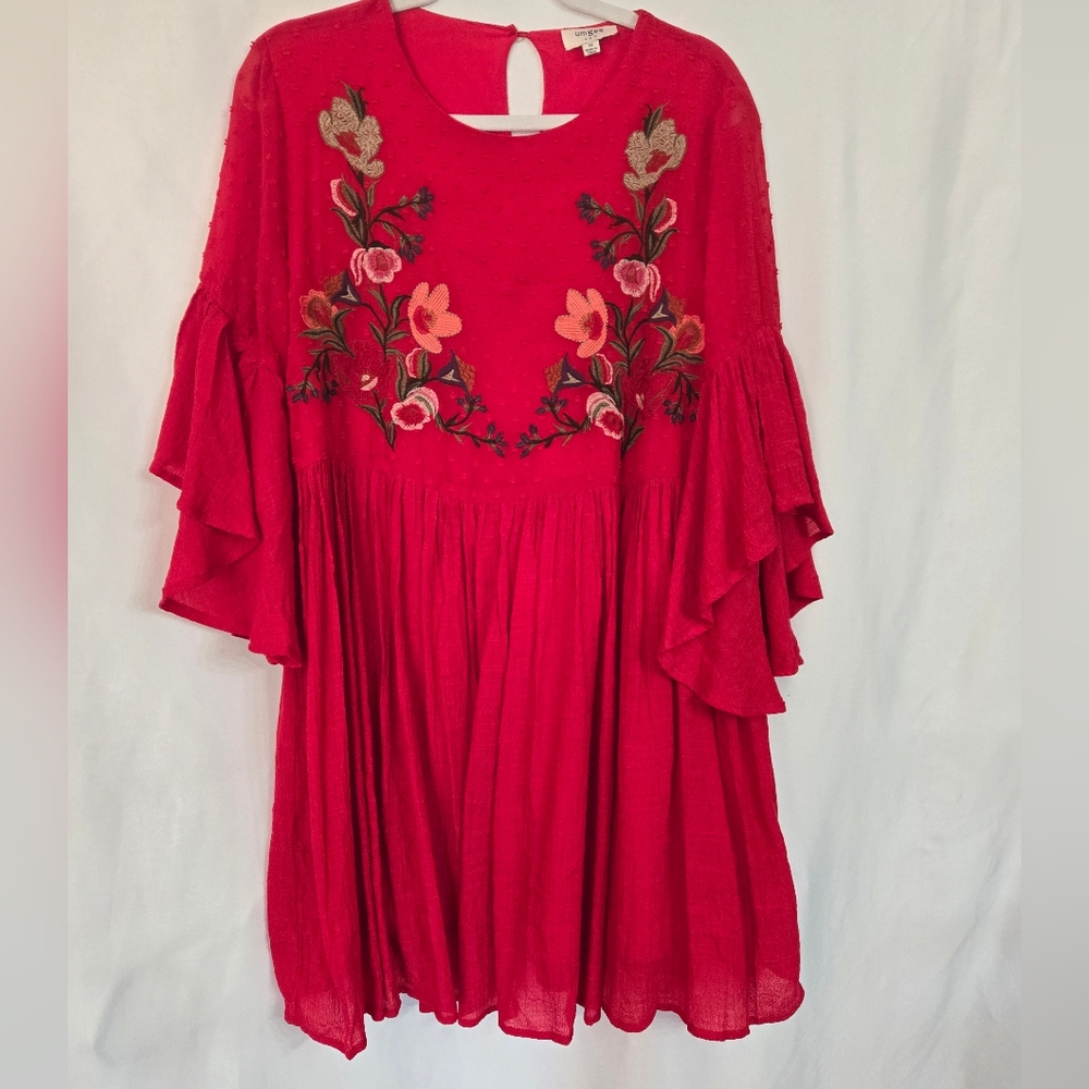 Umgee Red Trendy  full/loose Fit Embroidered Dress. Size M